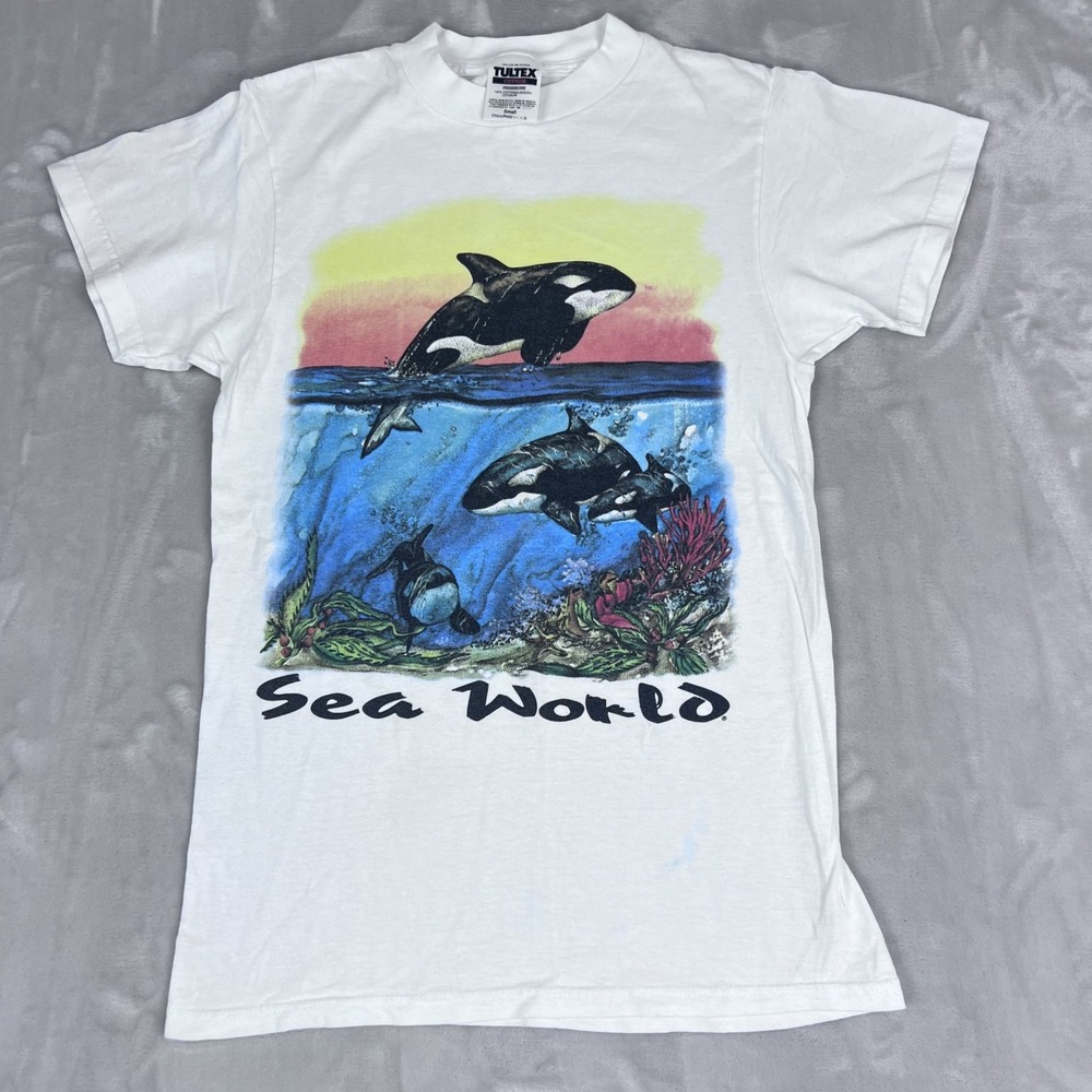 Vintage Tultex Sea World Shirt Adult Small White Orca Killer Whale 90s Retro